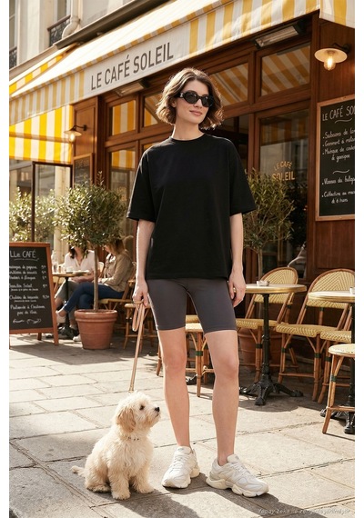 Lela Streç Oversize Fit Bisiklet Yaka Bayan T Shirt 5865911 Siyah