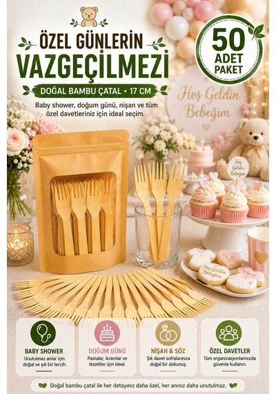 50'li Doğal Bambu Çatal 17 Cm Kullan At Parti Davet Piknik Baby Shower İkramlık Sunum Seti
