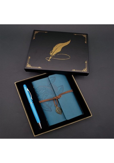 Metal Kalem Ve Mavi Deri Defter