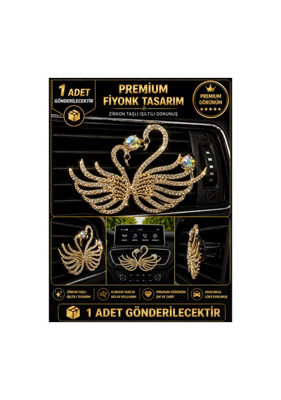 Premium Zirkon Taşlı Kuğu Çift Araç İçi Klima Süsü Altın Renk Lüks Oto Aksesuarı