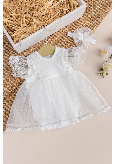 Babymod Tüllü Bandanalı %100 Pamuk Kız Bebek Şık Özel Gün Elbise Set Krem Krem
