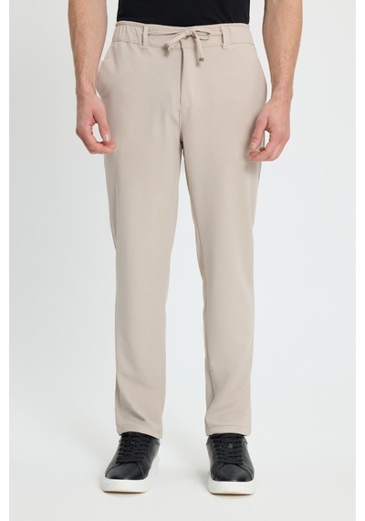 Tudors Erkek Slim Fit Dar Kesim Beli Lastikli Bağcık Detaylı Taş Pantolon-41667 Taş