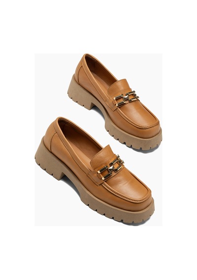 Zinnia Hakiki Taba Kalın Tabanlı Tokalı Kadın Loafer Ayakkabı
