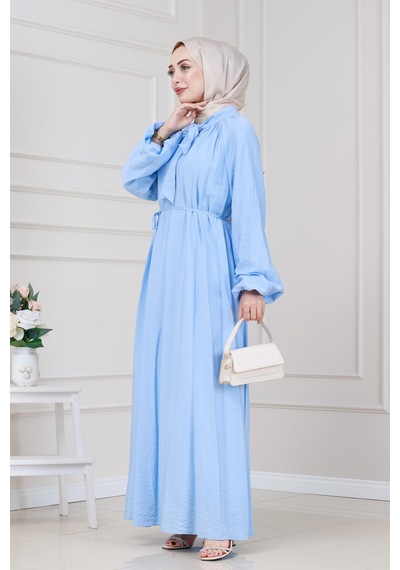 Sevitli Yakası Bağcıklı Lara Elbise-bebe Mavi-5326 Bebe Mavi
