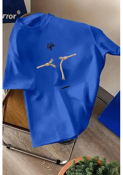 Life Design Minimalist İllüstrasyon Baskılı Unisex Oversize Tişört Sax Mavısı