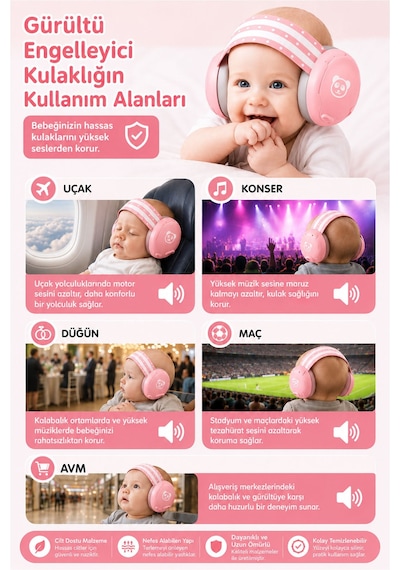 Reyo Bebek Gürültü Önleyici Kulaklık Gürültü Azaltıcı Bebek Kulaklığı 0-3 Yaş Pembe