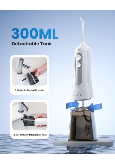 Renpho Akülü Diş Duşu, 300ml Taşınabilir Suya Dayanıklı Usb Şarj Edilebilir Dental Oral Irrigator, Dıy İle 4 Mo