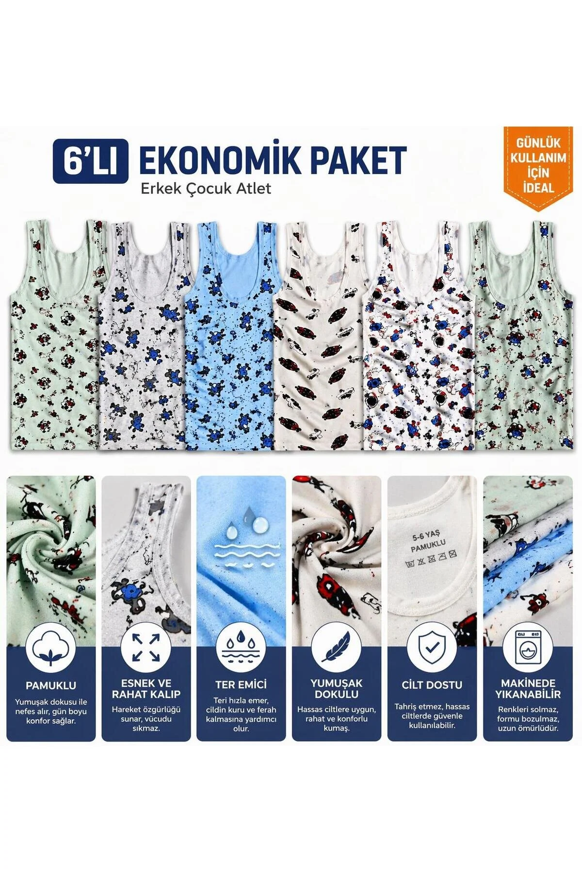 Qulat 6 Lı Erkek Çocuk Atlet Seti Pamuklu Esnek Ter Emici Karışık Desenli Ekonomik Paket Çok Renkli