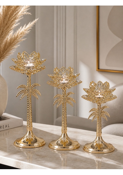 3 Lü Palmiye Tasarımlı Dekoratif Şamdan Mumluk Seti Gold Metal & Cam Detaylı 33 Cm 27 Cm 23 Cm Modern Lüks Ev Dekoru
