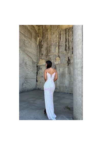 Lior Design Kadın Trend Model Kadife Kumaş V Yaka Payetli Askılı Abiye Elbise M
