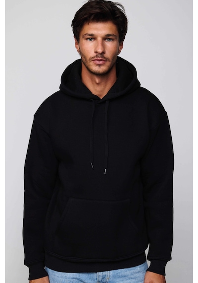 Tudors Unisex Oversize Geniş Kesim Pamuklu Yumuşak Dokulu İçi Polarlı Basic Siyah Kapüşonlu Sweatshirt-29703-siyah Siyah