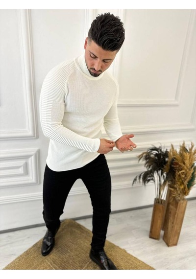 Elku Moda Kazak Naturel Pamuk Triko Boğazlı Balıkçı Yaka Kazak Beyaz