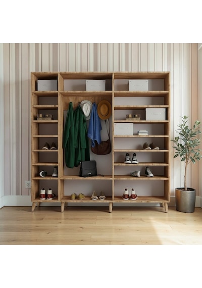 Alara Tamamı Mdf Aynalı Portmanto Vestiyer Ayakkabılık Çam 225 Cm - M12