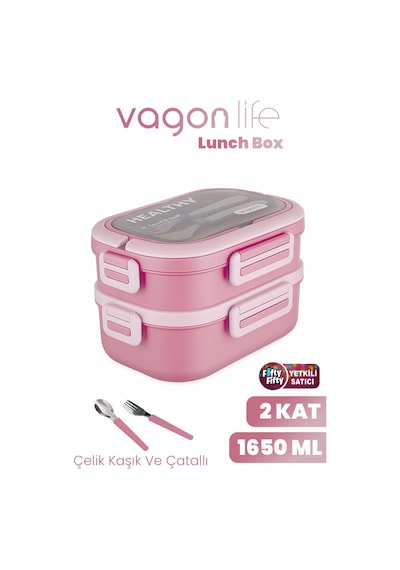 1650 Ml İki Kat Üç Bölme Paslanmaz Çelik Lunch Box Yeni Nesil Sefer Tası - Kaşık Ve Çatallı -6715 Pembe