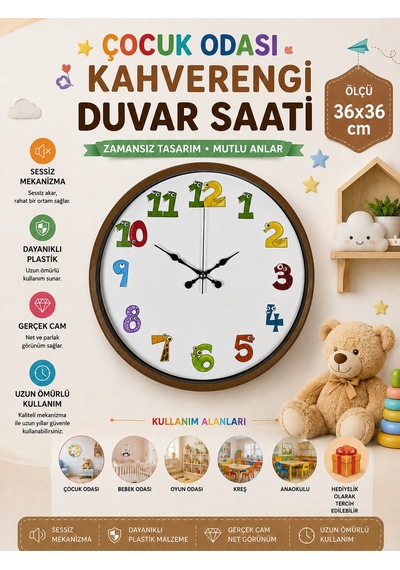 36 Cm Kahverengi Çocuk Odası Duvar Saati Çocuk Odası Renkli Rakamlı