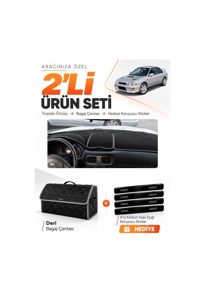 Subaru İmprezza 1998-2000 Uyumlu Torpido Örtüsü + Deri Bagaj Çantası + Sticker Seti - Siyah Gri
