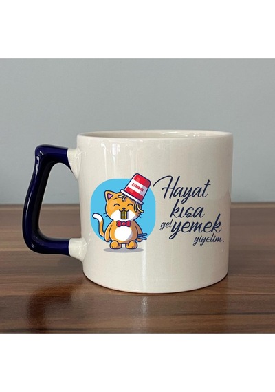 Hayat Kısa Gel Yemek Yiyelim Baskılı Lacivert Kulplu D Kupa