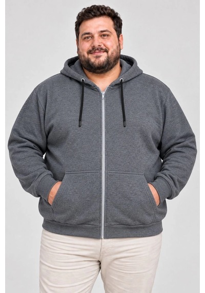 Assema Erkek Battal Büyük Beden Üç İplik İçi Şardonlu Kapüşonlu Tam Fermuarlı Kışlık Sweatshirt - Füme Çok Renkli