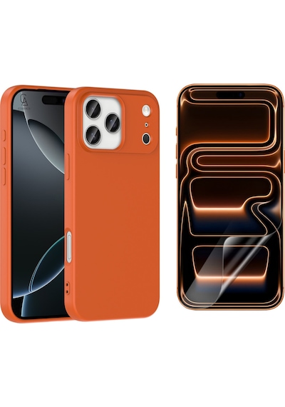 Apple Uyumlu iPhone 17 Pro Max Içi Kadife Lansman Kılıf Ve Mat Seramik Tam Kaplayan Ekran Koruyucu Turuncu