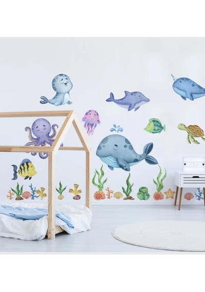 MSticker Eğitici Sevimli Deniz Hayvanları Ve Bitkiler Sticker Seti Büyük Boy