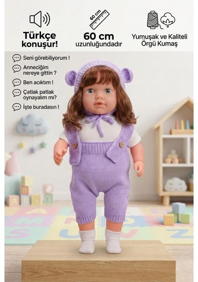 Konuşan Bebeğim 60 Cm Türkçe Konuşan Örgü Tulum Ve Şapkalı Kafası Bacakları Kolları Et Oyuncak Bebek 57014772