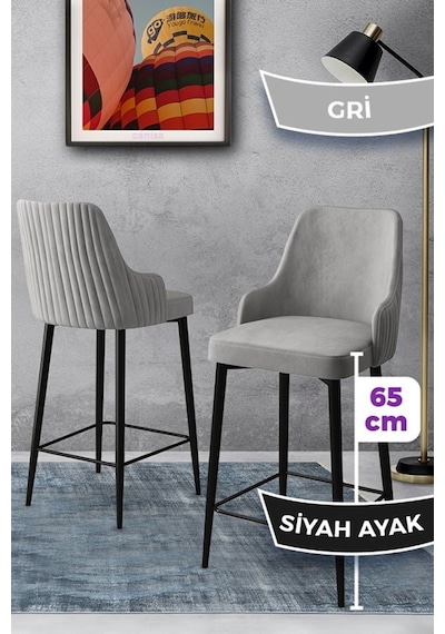 Canisa Tera Serisi 2 Gri Sandalye 65 Cm Ada Mutfak Bar Sandalyesi Babyface Kumaş Siyah Metal Ayaklı Sandalyeler Gri Ayaklar Siyah