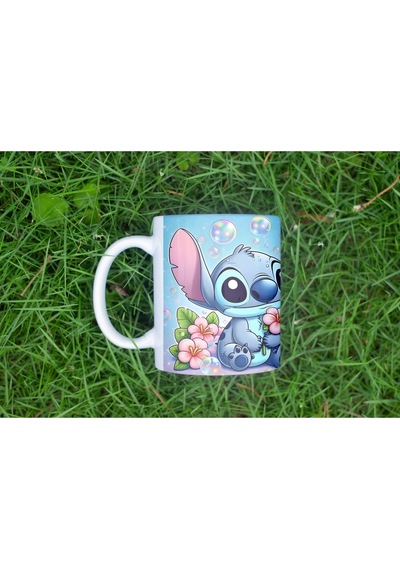 Mavi Stitch Çiçekli Kupa Bardak - Mavi Arka Planlı Tatlı Karakter Tasarımı Hediye Kupa Beyaz