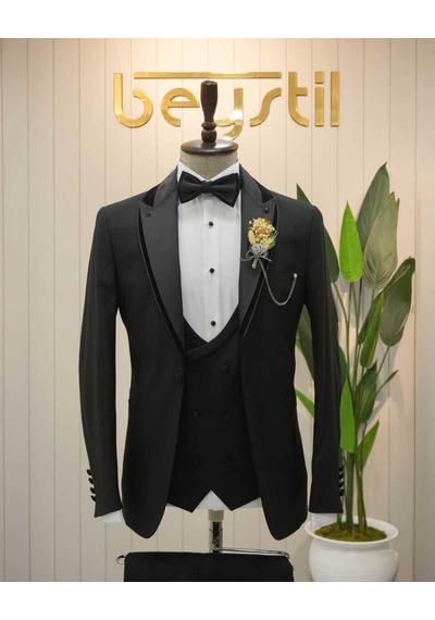 Bys Beystil Şal Yaka Üzerine Sivri Yaka Siyah Damatlık & Smokin Takım 446- Slim Fit