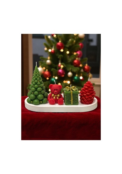Yılbaşı Chrismas Noel Dekoratif Mum Seti 5 Li Çam Ağacı, Ayıcık, Hediye Kutusu, Kozalak,sunum Tabağı