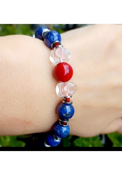2752 Lapislazuli Mercan Kristal Kuvars Hematit Düğümlü El Yapımı Bileklik Kırmızı - Lacivert