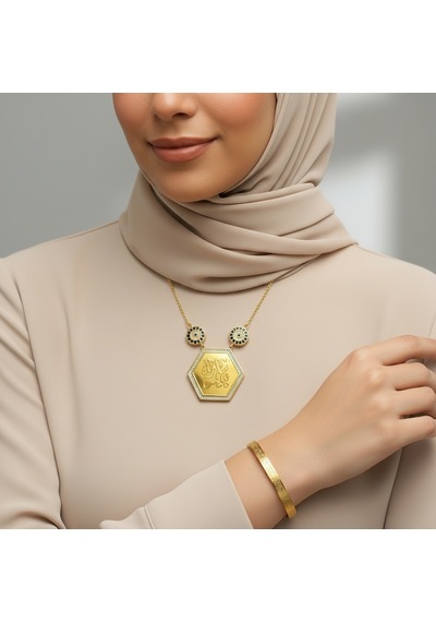 Maşallah Yazılı Kolye Ve Ayetel Kürsi Bileklik Seti Gold Çelik İslami Takı Altın