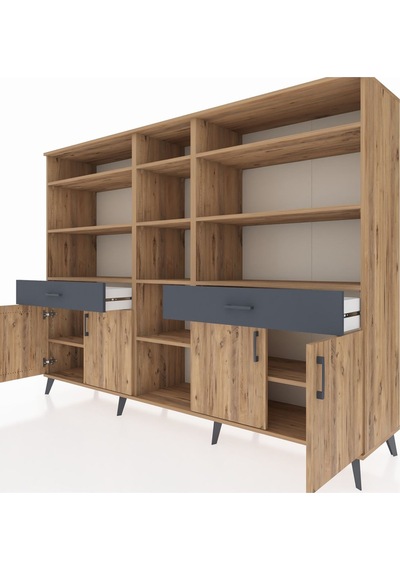 Hyperion Dolap 12 Raflı 2 Çekmeceli 4 Kapaklı 220x44x163 Çam-çam/ Çam-çam/antrasit