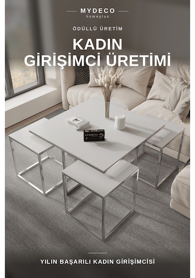 OTTOWA 5 PARÇA GOLD ZİGON SEHPA TAKIMI — BEYAZ MDF