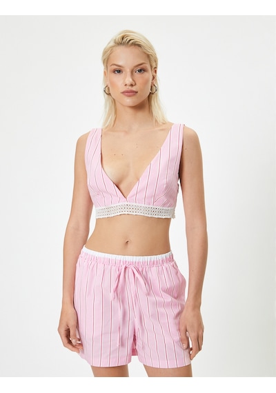 Koton Derin V Yaka Büstiyer Çizgili Dantel Detaylı Slim Fit Pınk Strıpe 4sak30121pw Pembe Çizgili