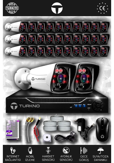 Turkno 32 Kameralı Karia 32 Dış Kamera Set 500 GB HDD Full HD Gece Görüşlü Güvenlik Kamerası Sistemi