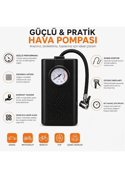 Orret Home Şarjlı Hava Kompresörü Göstergeli Hava Pompası Araç Araba Bisiklet Motosiklet Lastik Şişirme Top Den