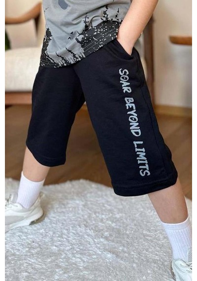 Riccotarz Erkek Çocuk Ağaç Ve Güneş Baskılı T-shirt Yazı Detaylı Gri Şortlu Takım Gri