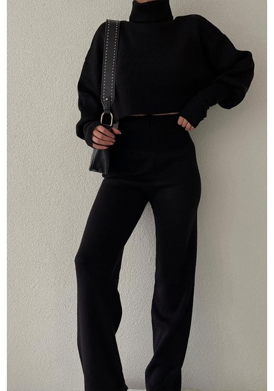 Cıqulata Triko Crop Pantolon Takım Siyah Siyah