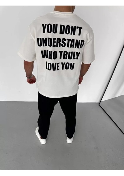 Modi Unisex Bisiklet Yaka Baskılı Oversize T-shirt - Beyaz - Mymg106725