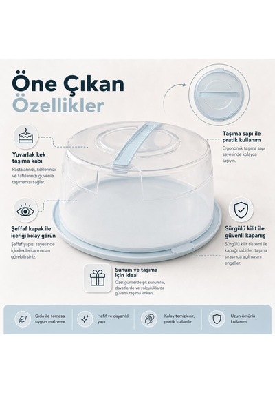 Ayrex Poomy Yuvarlak Kek Pasta Saklama Ve Taşıma Kabı, Şeffaf Kapaklı Kilitli Kek Fanusu, Taşıma Saplı Pasta Kor Diğer