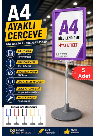 5 Adet - A4 Ayaklı Çerçeve Seti Yuvarlak Tabanlı Teleskopik Fiyat Etiketi Standı Mor