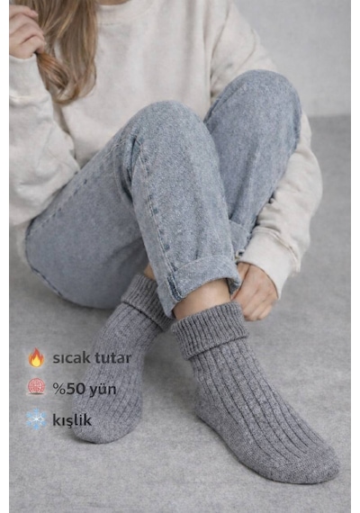 Perili Yün Bot Çorabı Gri Gri