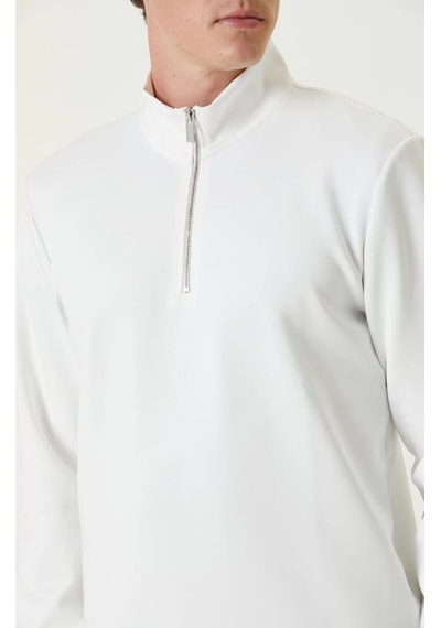 Erkek 3 İplik Pamuklu Uzun Kol Yarım Farmuarlı Yakalı Sweatshirt - - Beyaz