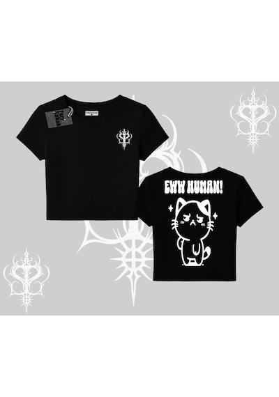 Tarzsokak Sevimli Kedi Çizimli Arka Baskılı Babby Tee Tshirt Siyah