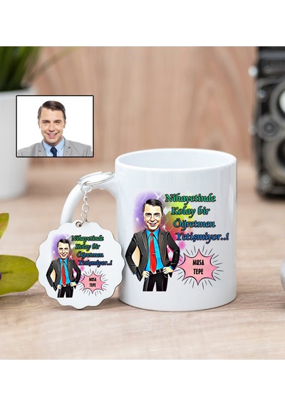 Karikatürlü Öğretmen Kupa Bardak Ve Anahtarlık