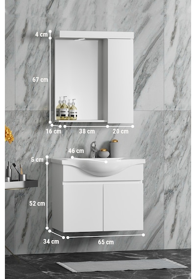 Yıldız Asma 65 Cm Beyaz Mdf Lavabolu Asma Banyo Dolabı Takımı Beyaz