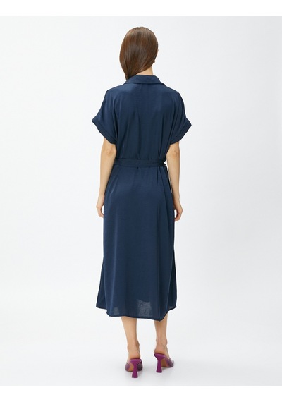 Koton Oversize Midi Gömlek Elbise Kemerli Lacivert 3sak80073pw 3SAK80073PW710