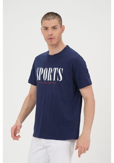 Rich Erkek Lacivet Basic T-shirt Baskılı Slim Fit %100 Pamuk Tişört Lacivert