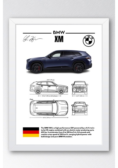 Bmw Xm Tablo - Teknik Özellikli Hibrit Süper Suv Poster - Çerçeveli Duvar Dekoru - Araba Blueprint Beyaz