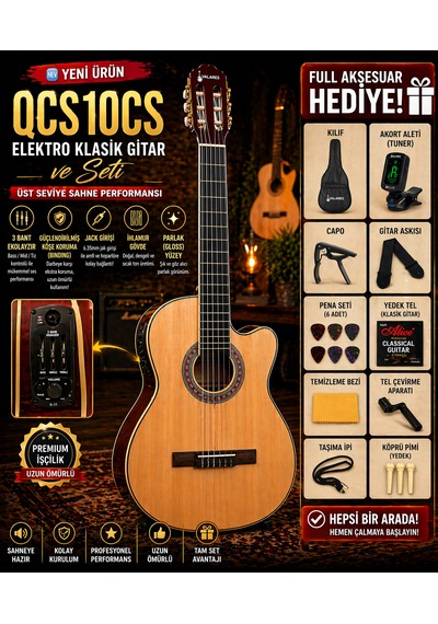 Qcg10cs Elektro Klasik Gitar Ve Seti 3 Bant Ekolayzır Üst Seviye Sahne Performansı Full Aksesuar Hediye Yeni Ürün Natural